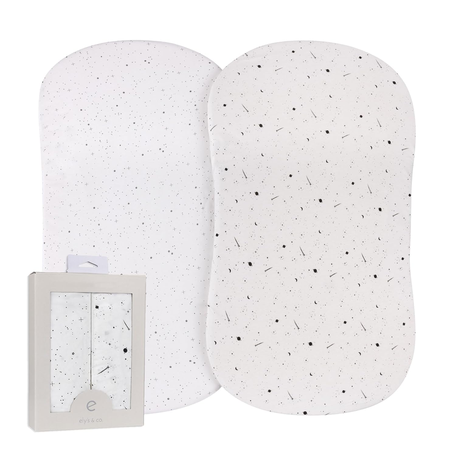 Ely’S & Co. Bassinet Sheets, Baby Boy/Girl Fitted Bassinet Mattress Sheet Set, 2 Pack, 100% Jersey Knit Cotton, Black And White Celestial Print, 32”X16”X3”