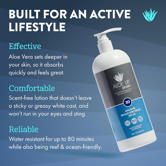 Aloe Up Sport Sunscreen Lotion SPF 30 - Broad Spectrum UVA/UVB Sunscreen Protector for Face and Body With Hydrating Aloe Vera Gel Non-Greasy No White Cast Reef Safe Fragrance-Free - 32 Oz