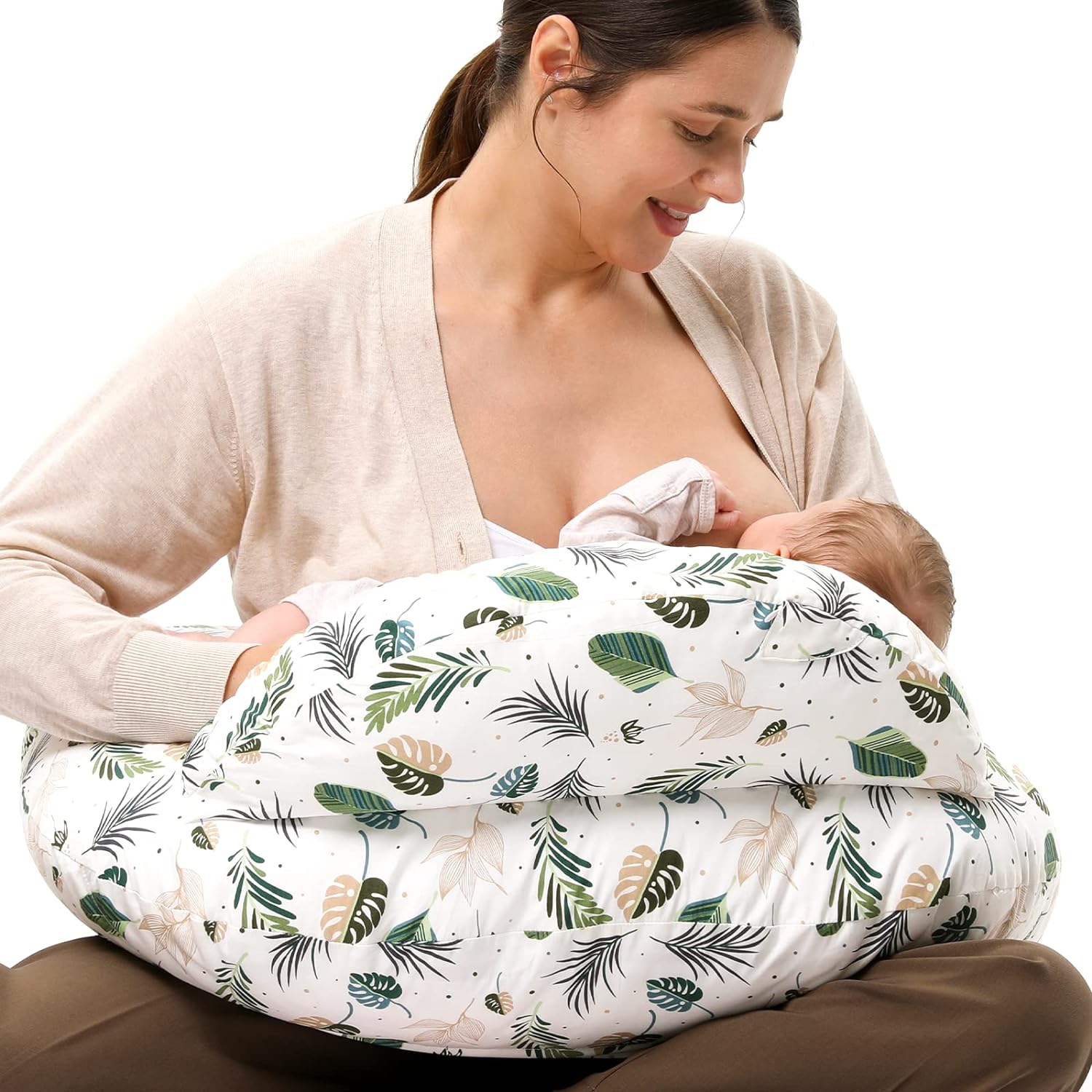 Momcozy Original Nursing Pillow For Breastfeeding, Plus Size Breastfeeding Pillows For More Support, With Adjustable Waist Strap And Removable Cotton Cover, Spring Leaves