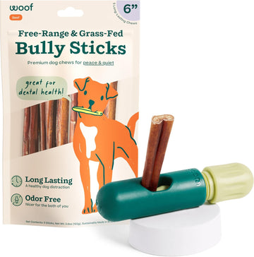 Woof Bullysafe And Bully Sticks - Nutritious Chew Sticks For Dogs And Bully Stick Holder For Safe, Long-Lasting Play -No More Swallowed Ends - 6" Sticks - 5 Pack