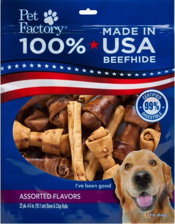 Pet Factory 100% Made In Usa Beefhide 4-6" Assorted (Bones & Chip Rolls) Dog Chew Treats - Beef & Chicken Flavor, 25 Count/1 Pack