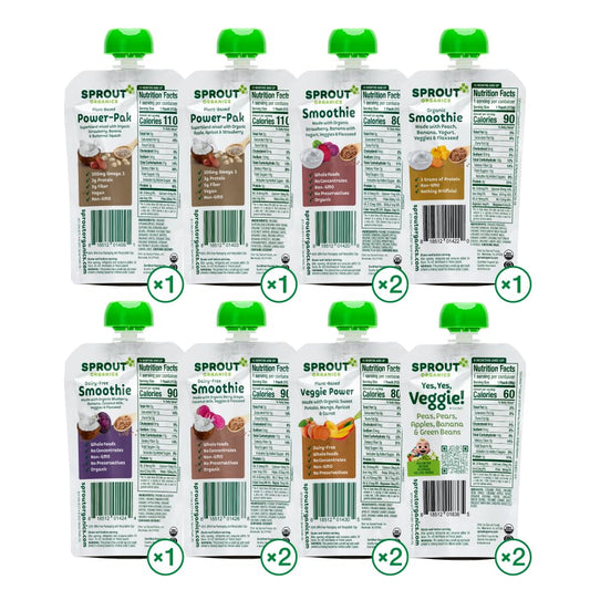 Sprout Organic Baby Food, Stage 4 Toddler Pouches, 9 Flavor Power Pak And Smoothie Sampler, 4 Oz Purees 12 Count (Pack Of 1)
