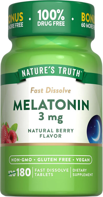 Nature'S Truth Melatonin 3Mg Fast Dissolve Tablets | 180 Count | Natural Berry Flavor | Vegan, Non-Gmo, & Gluten Free Supplement