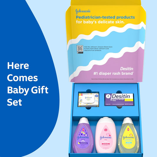Johnson'S Baby Here Comes Baby Gift Set, Baby Essentials For New Parents With Moisturizing Lotion, Bedtime Bath, Body Wash & Shampoo, Hand & Face Wipes, & Diaper Rash Cream, 5 Items
