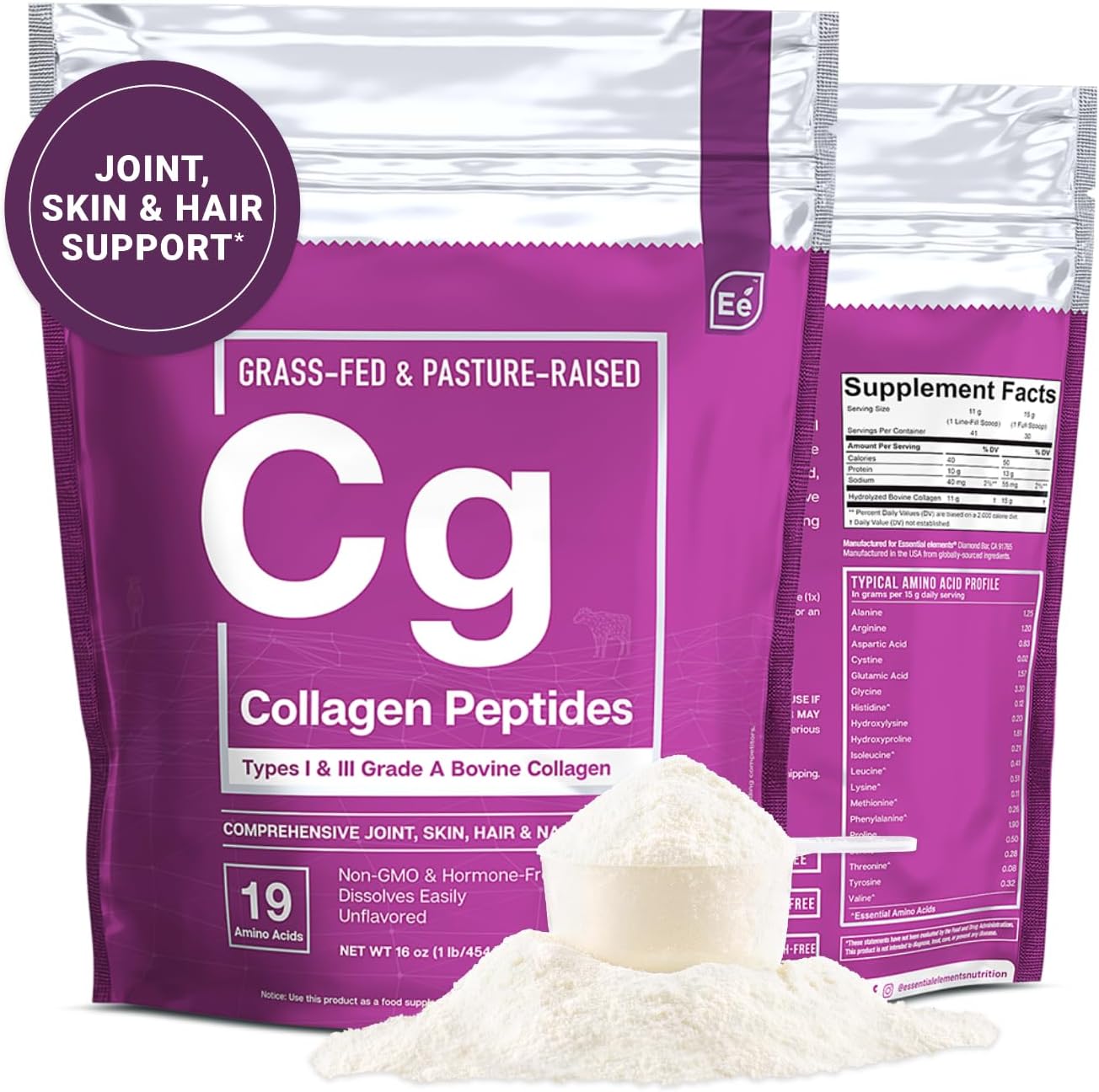 Essential Elements Hydrolyzed Collagen Peptides Powder - Supplement For Joint, Skin, Hair, & Nail Support Types I Iii Non-Gmo, Hormone-Free, Grass-Fed 41 Servings