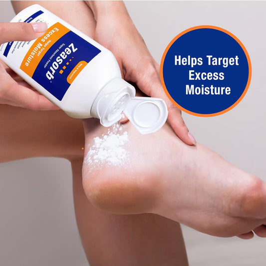 Zeasorb Excess Moisture Control Super Absorbent Foot & Body Powder, Dermatologist Recommended, Friction-Fighting Formula With Patented Odor Control Technology, 2.5 Oz Bottle