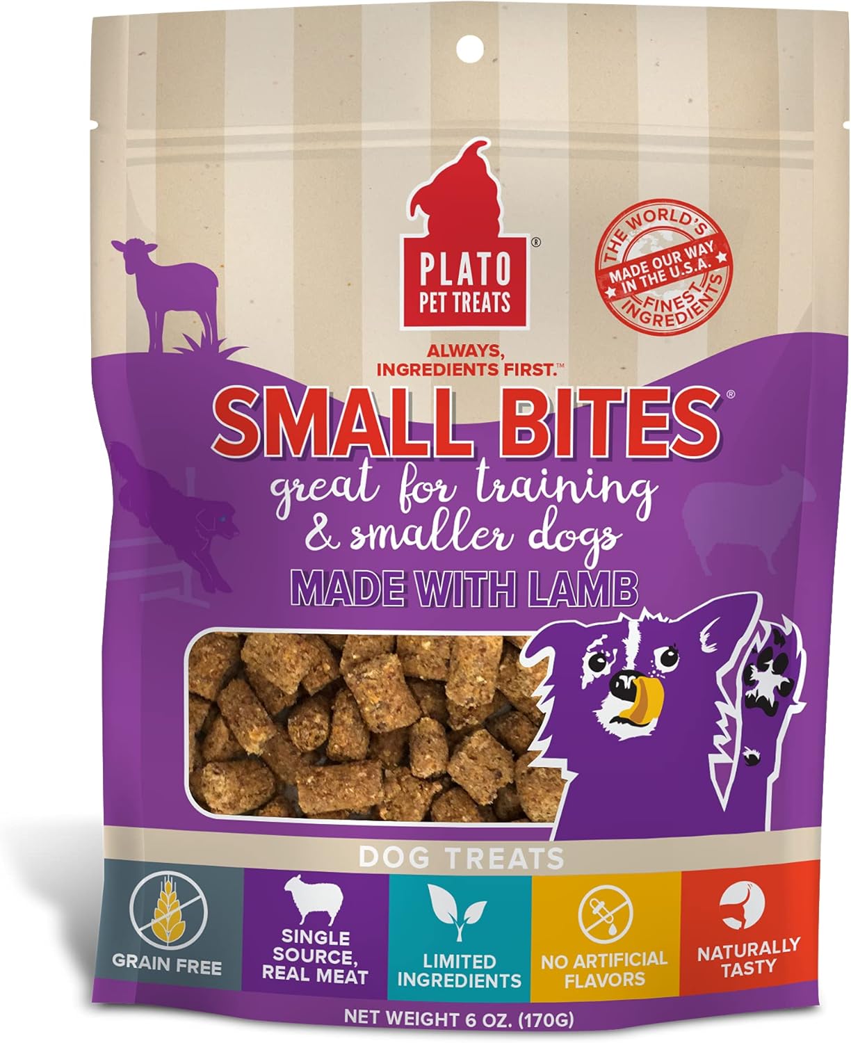 Plato Pet Treats Air Dried Small Bites Dog Treats, Natural Bite Sized Real Meat & Lamb, Grain Free & High Protein, Made In The Usa, 6Oz