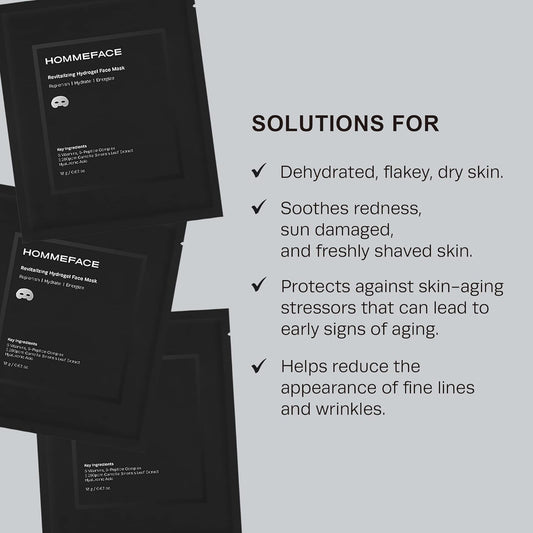 Hommeface Revitalizing Hydrogel Facial Mask Set For Men (5Ct) - Hydrating, Anti-Aging & Soothing Face Sheet Mask With Hyaluronic Acid, Vitamin B, C, E & Peptides, Beard-Friendly