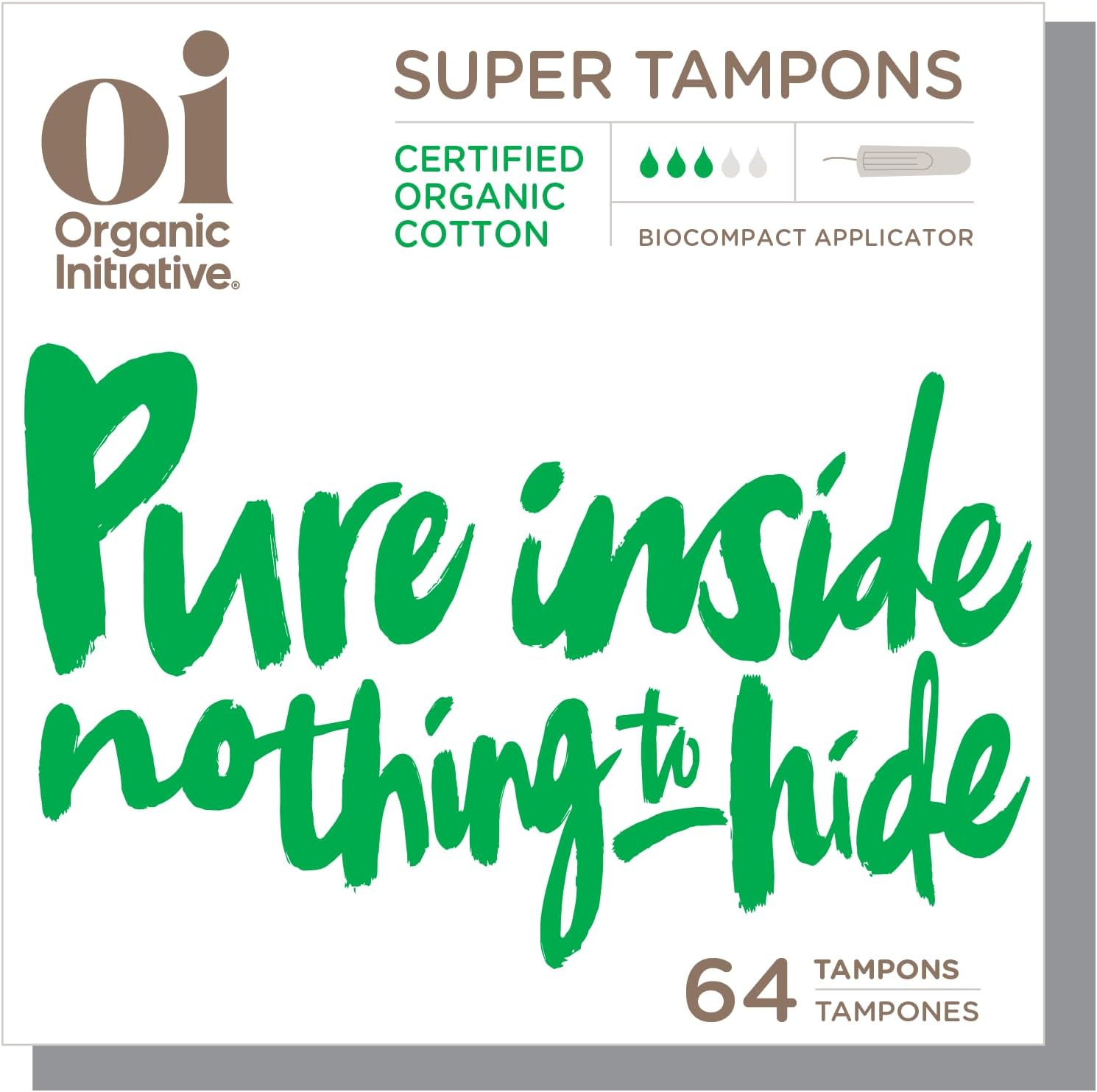 Oi | Organic Initiative - Tampons | Super Absorbency | Organic Cotton, Unscented | Toxin Free, BPA-Free, Plant-Based BioCompact Applicator | 4x16 Pack (64 Count)