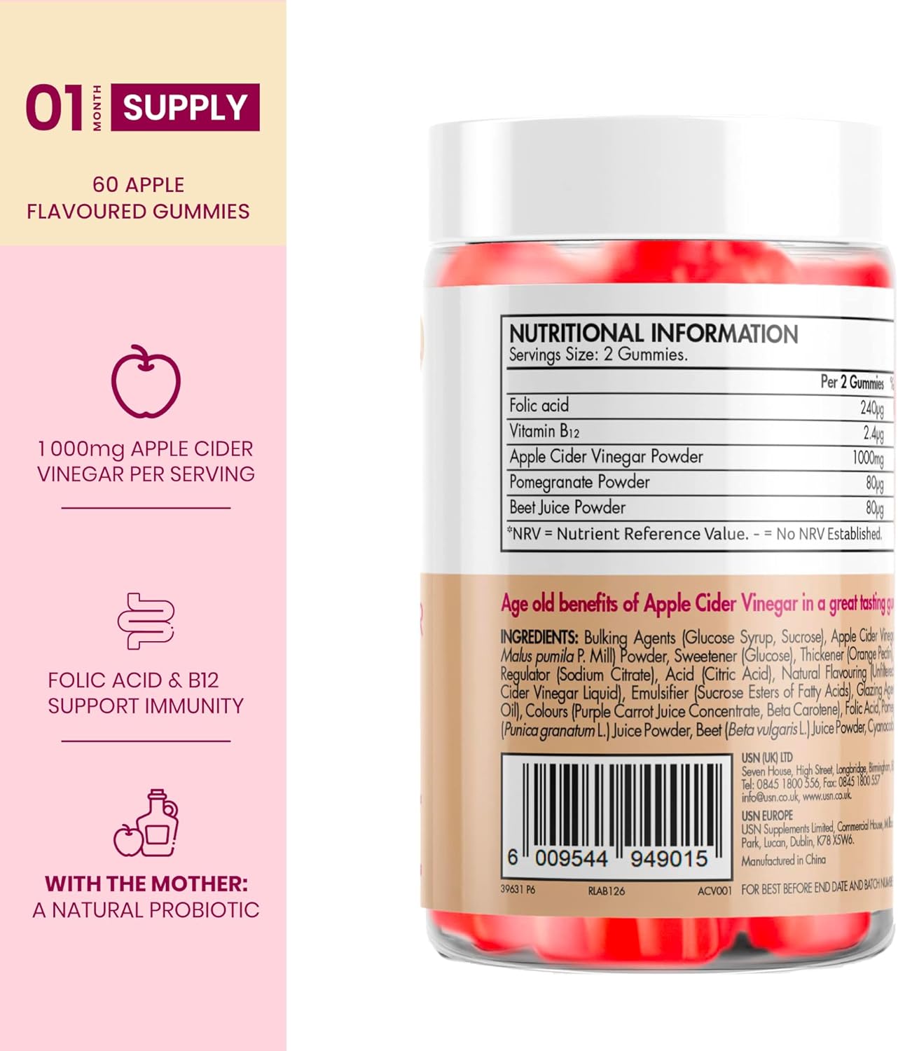 Apple Cider Vinegar Gummies (60 Count) from Liv.Smart by Usn — Vegan Friendly Acv Gummies with ‘The Mother’— Fights Fatigue with Vitamin B12 and Folic Acid Complex : Amazon.co.uk: Health & Personal Care