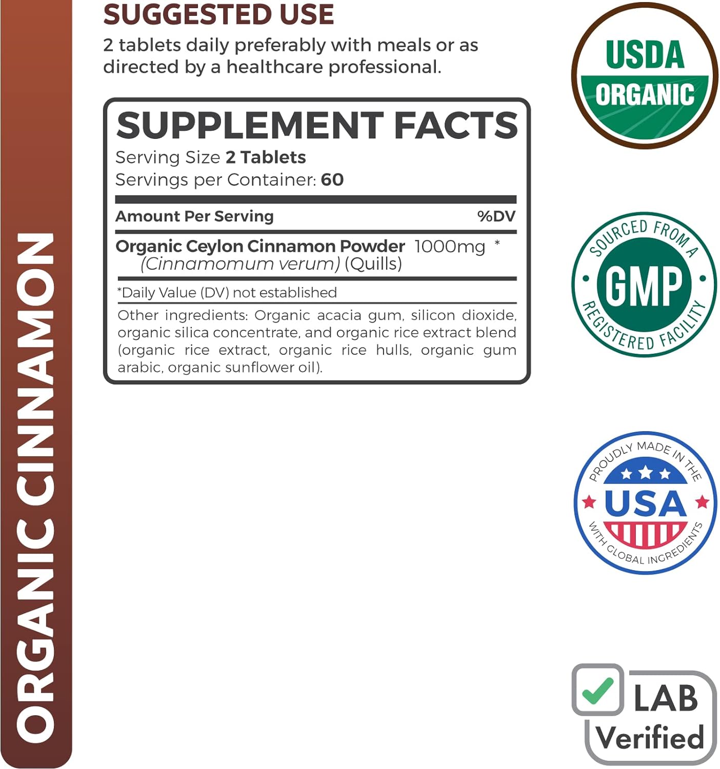 USDA Organic Ceylon Cinnamon (120 Tablets) 1000mg Cinnamon Quill Powder per Serving - Natural Cinnamon Supplements for Effective Metabolism, Cognative, Joint, Immune Support - (No Capsules or Pills) : Health & Household