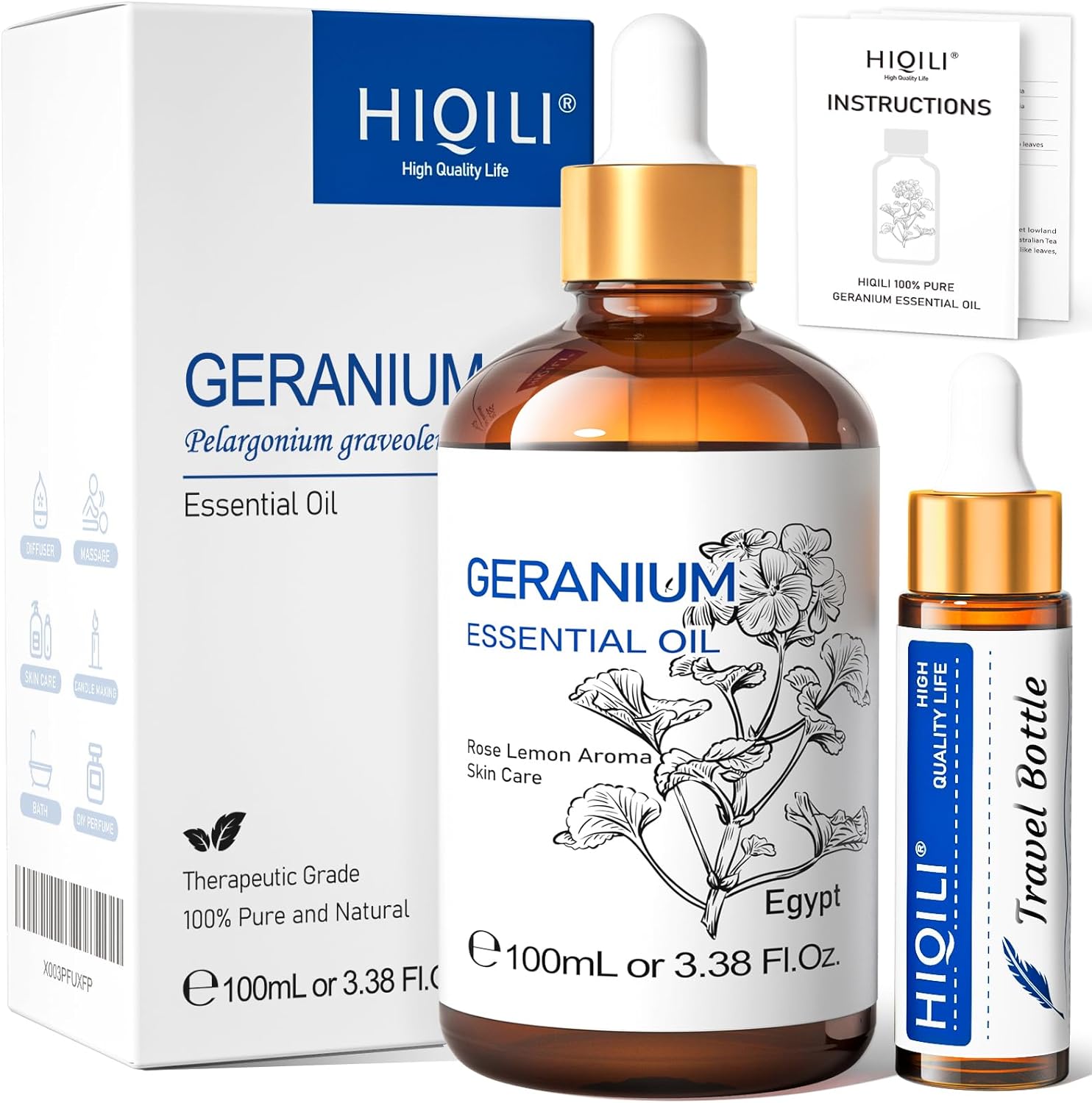 HIQILI Geranium Essential Oil, 100% Pure & Natural for Aromatherapy, Diffuser, Spray, Body Wash, Soap & Candle Making - 3.38 Fl Oz