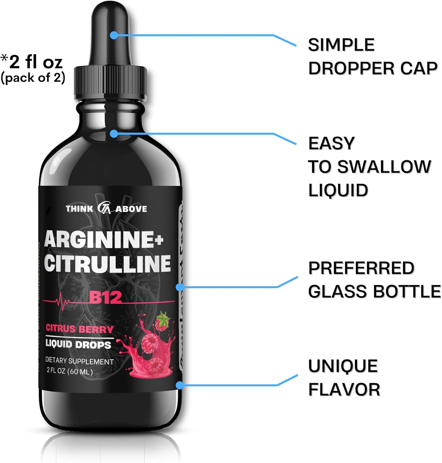 L-Arginine + L-Citrulline Liquid Drops With Vitamin B12 – Citrus Berry Flavor, 2 Fl Oz (60 Ml) - Fast Absorption, Easy-To-Use