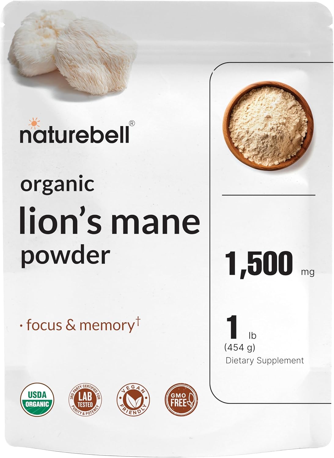 Naturebell Organic Lions Mane Powder 1,500Mg Per Serving, 1Lb | Whole Fruiting Body & Mycelium Mushroom Source – Focus, Memory, & Immune Health Supplement – Non-Gmo, Vegan