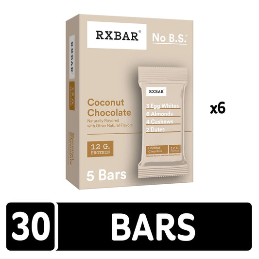 Rxbar Protein Bars, 12G Protein, Gluten Free Snacks, Coconut Chocolate (6 Boxes, 30 Bars)