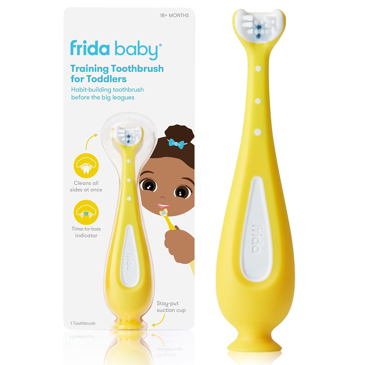 Frida Baby Training Toothbrush | Toddler Toothbrush For 18-24 Months, Easy-Grip Handle, Triple Angle Bristles, Soft Toothbrush Bristles, Stay-Put Suction Cup | Yellow