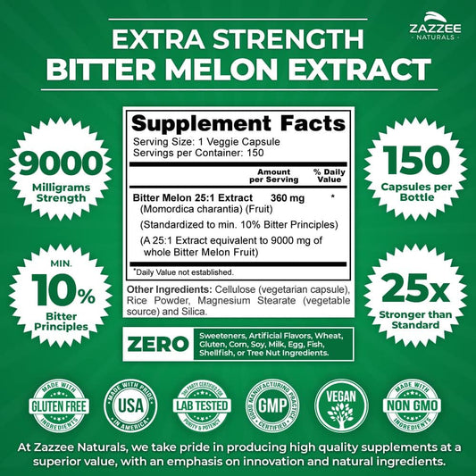 Zazzee Extra Strength Bitter Melon 25:1 Extract, 9000 Mg Strength, 10% Bitter Principles, 150 Vegan Capsules, Standardized And Concentrated 25X Extract, 100% Vegetarian, All-Natural And Non-Gmo