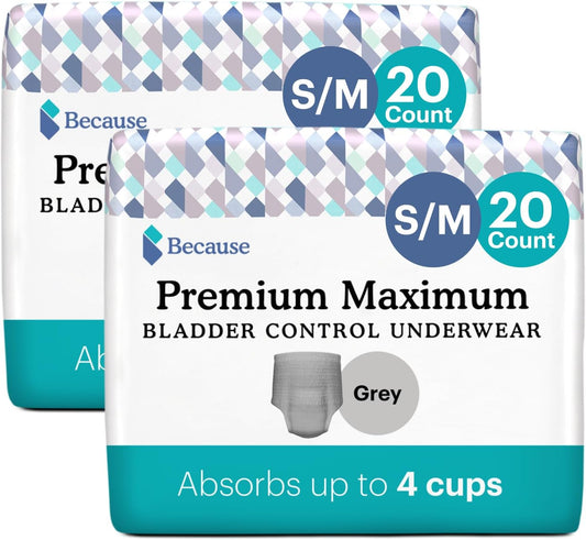 Because Premium Maximum Incontinence Underwear For Men - Heavy Bladder Leak Protection, Ideal For Overnight Leakage, Sleek, Invisible Fit, Grey, Small/Medium -Absorbs 4 Cups - 40 Count (2 Packs Of 20)