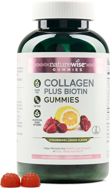 Naturewise Collagen Gummies - Strawberry Lemon Flavor - Type 1 & 3 Peptides For Women With Biotin, Vitamin C, E, & Zinc For Hair Skin And Nails & Joint Support - 180 Count[3-Month Supply]