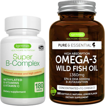 Super B-Complex + High Absorption Omega-3 Wild Fish Oil 1360Mg Bundle, Methylated Sustained Release B Complex And 1000Mg Epa & Dha With Astaxanthin, 90 Day Supply, By Igennus