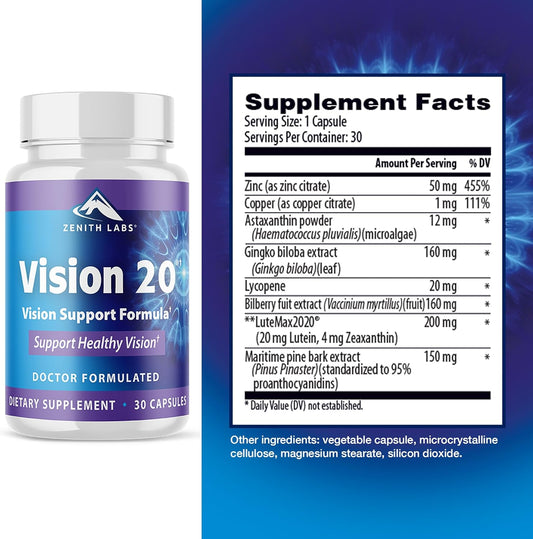 Zenith Labs Vision 20 Eye Vitamins - Lutein, Zeaxanthin, And Bilberry Extract - Supports Eye Strain, And Eye Health - Carotenoid Blend