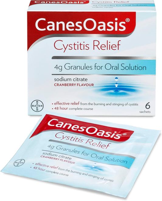 CanesOasis Cystitis Relief | Granules for Oral Solution to Relieve & Treat the Burning & Stinging of Cystitis | 48hr Complete Course | Cranberry Flavour | 6 Count (Pack of 1)