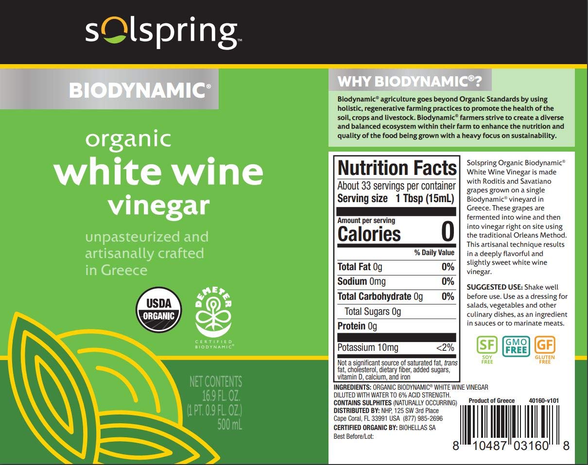 Solspring Biodynamic White Wine Vinegar, 16.9 Fl. Oz. (500 mL), Unpasteurized, Crafted In Greece, Certified USDA Organic, Regenerative, Vegan, Gluten Free, Soy Free, Dr. Mercola : Grocery & Gourmet Food