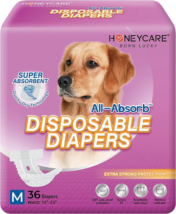 Honey Care All-Absorb Disposable Female Dog Diapers M Size, Improved Bigger Size, 36 Count, Super Absorbent, Breathable, Wetness Indicator