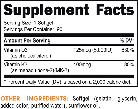 Bucked Up Vitamin K2 (100Mcg) + Vitamin D3 (125Mcg), Essentials (90 Servings, 90 Softgels)