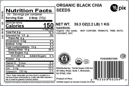Yupik Organic Raw Black Chia Seeds, 2.2 lb, Non-GMO, Vegan, Gluten-Free, Pack of 1