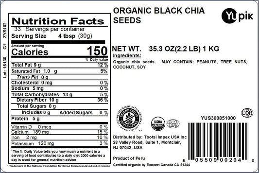 Yupik Organic Raw Black Chia Seeds, 2.2 Lb, Non-Gmo, Vegan, Gluten-Free, Pack Of 1