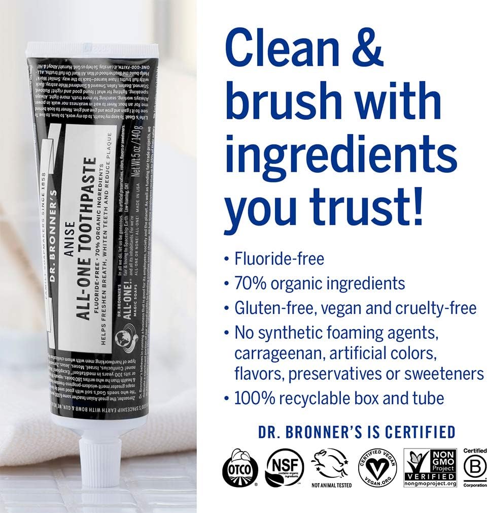 Dr. Bronner’s - All-One Toothpaste (Anise, 5 Ounce, 3-Pack) - 70% Organic Ingredients, Natural and Effective, Fluoride-Free, SLS-Free, Helps Freshen Breath, Reduce Plaque, Whiten Teeth, Vegan : Health & Household