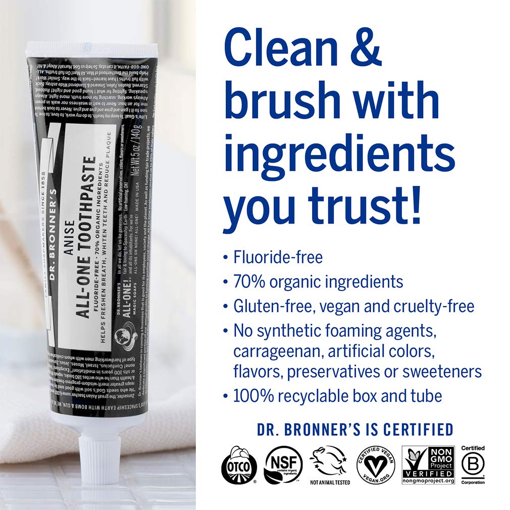 Dr. Bronner’s - All-One Toothpaste (Anise, 5 Ounce, 3-Pack) - 70% Organic Ingredients, Natural and Effective, Fluoride-Free, SLS-Free, Helps Freshen Breath, Reduce Plaque, Whiten Teeth, Vegan : Health & Household