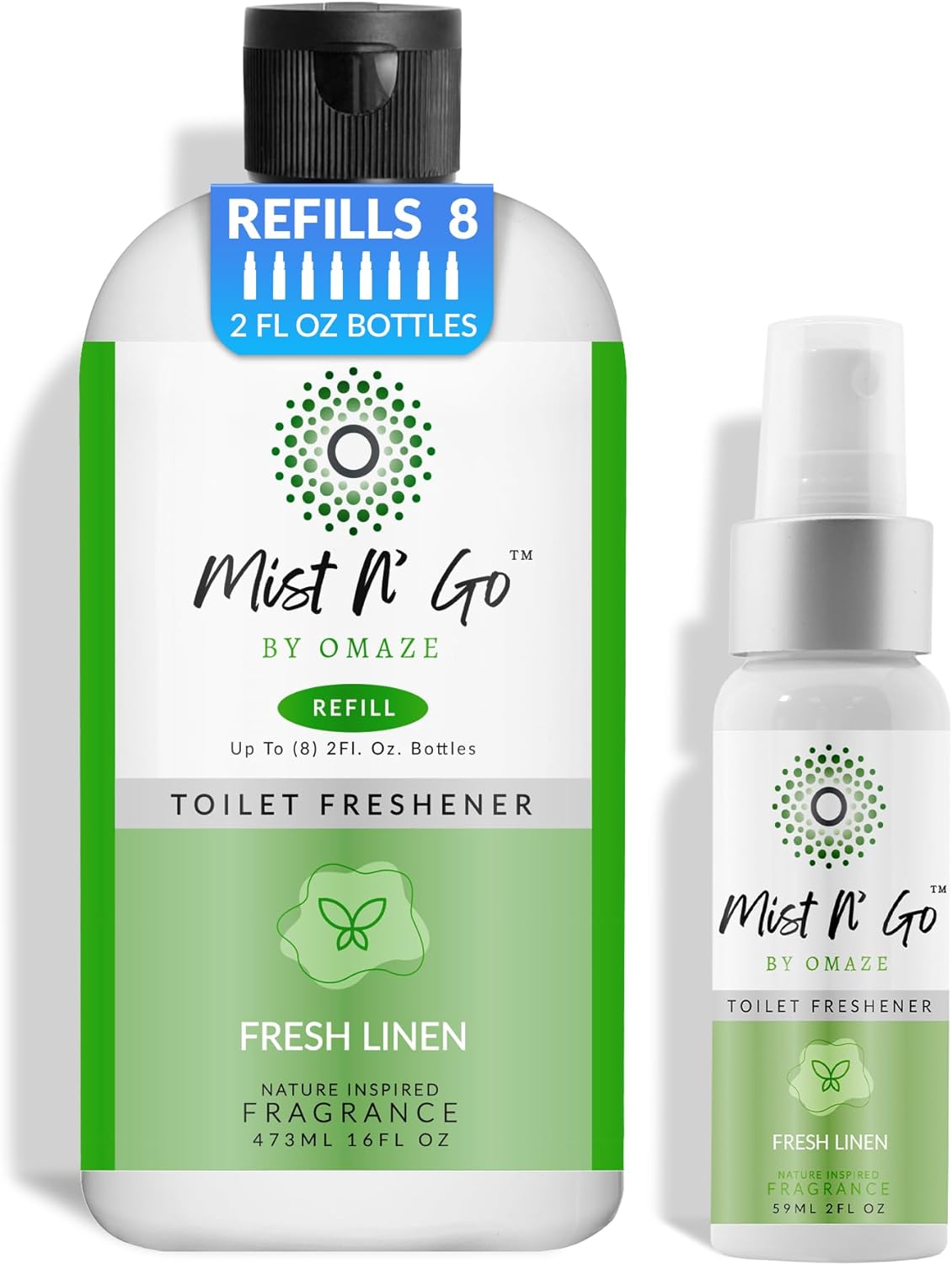 Mist N' Go by OMAZE Bathroom Odor Spray for Toilet Spray Refill Bottle - Multitasking Toilet Spray - Bathroom Spray Odor Eliminator for Strong Odors | Fresh Linen, 16oz + 2oz