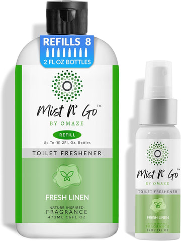 Mist N' Go by OMAZE Bathroom Odor Spray for Toilet Spray Refill Bottle - Multitasking Toilet Spray - Bathroom Spray Odor Eliminator for Strong Odors | Fresh Linen, 16oz + 2oz