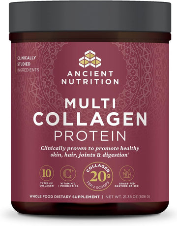 Ancient Nutrition Collagen Powder Protein With Probiotics, Multi Collagen Protein, Unflavored, 60 Servings, Hydrolyzed Collagen Peptides Supports Skin And Gut Health, Joint Supplement, 21.38Oz