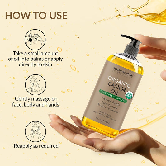 Majestic Pure Castor Oil With Applicator | 100% Natural | Premium Grade Cold Pressed | Hair, Eyelashes, Eyebrows, Nails | Moisturizing & Nourishing | Body, Hair & Carrier Oil | 4 Fl Oz