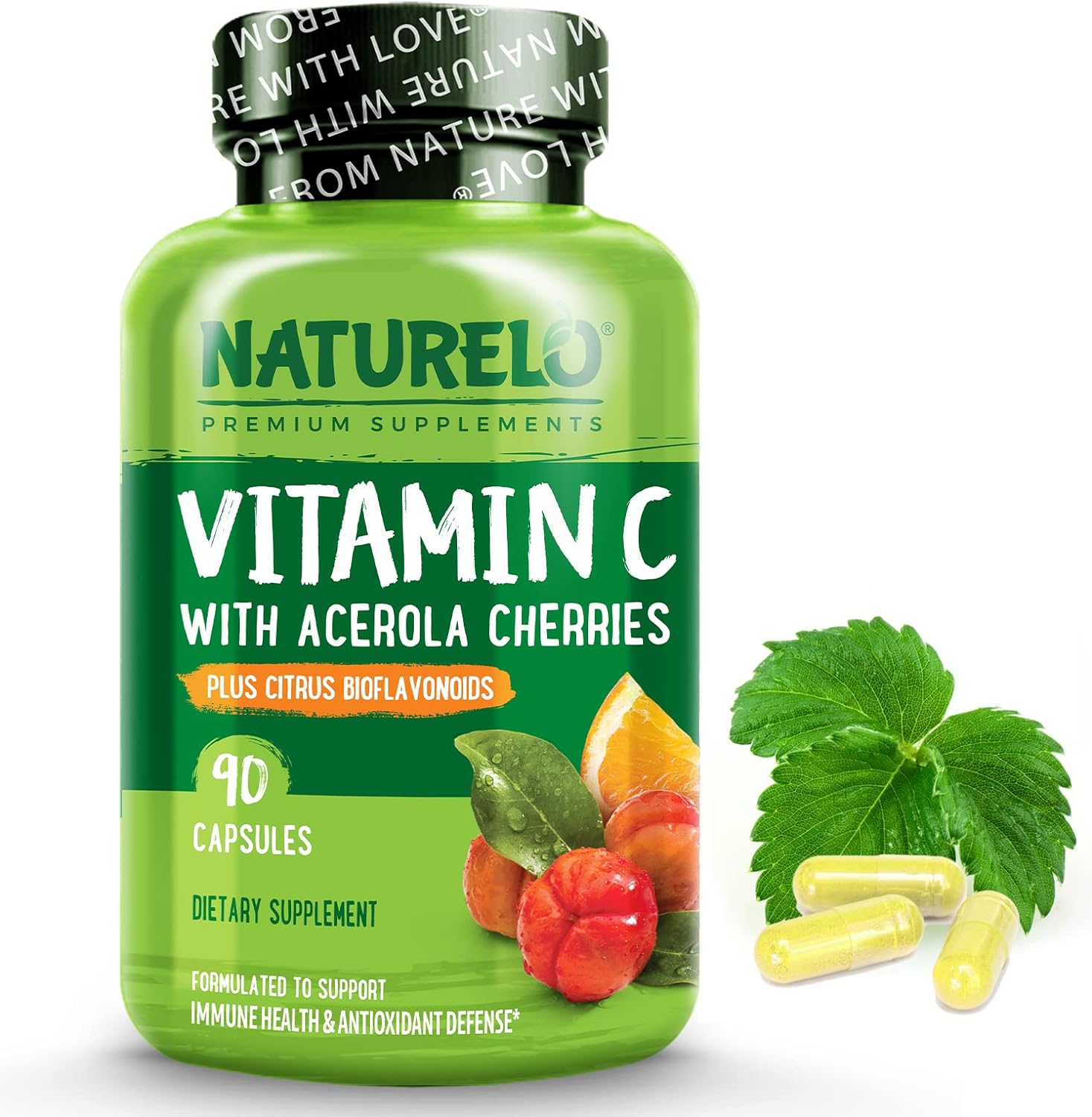 Naturelo Vitamin C With Organic Acerola Cherry Extract And Citrus Bioflavonoids - Vegan Supplement - Immune Support - 500 Mg Vit C Per Cap - Non-Gmo - 90 Capsules