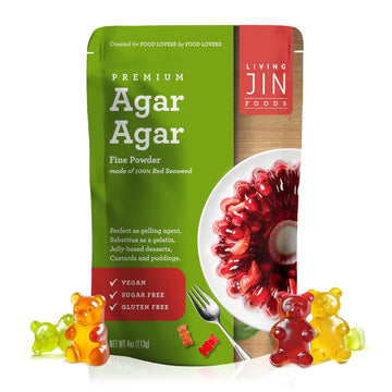 Living Jin Agar Agar Powder, 4 Oz. Plant-Based Gelatin Powder, Vegan Agar Agar, Vegan Jello, Sugar-Free, 100% Natural Red Algae