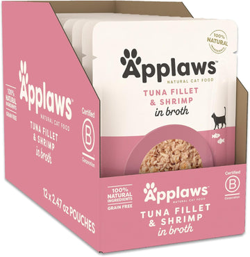 Applaws Natural Wet Cat Food In Broth, Limited Ingredient Wet Cat Food Pouches, No Additives, Made With Natural Ingredients, Tuna With Shrimp In Broth (12 X 2.47Oz Pouches)