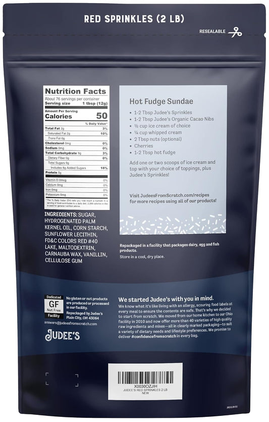 Judee's Red Sprinkles 2 lb - Gluten-Free and Nut-Free - Brighten Up Your Baked Goods - Great for Cookie and Cake Decoration - Use for Baking and as Dessert and Ice Cream Toppings