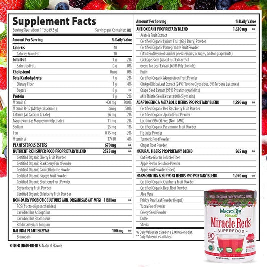 MacroLife Naturals Miracle Reds Superfood Supplement Powder Antioxidants Polyphenols Enzymes Probiotics - Raw Non-GMO Organic Vegan Gluten & Dairy Free - 30oz (90 Servings) 30oz