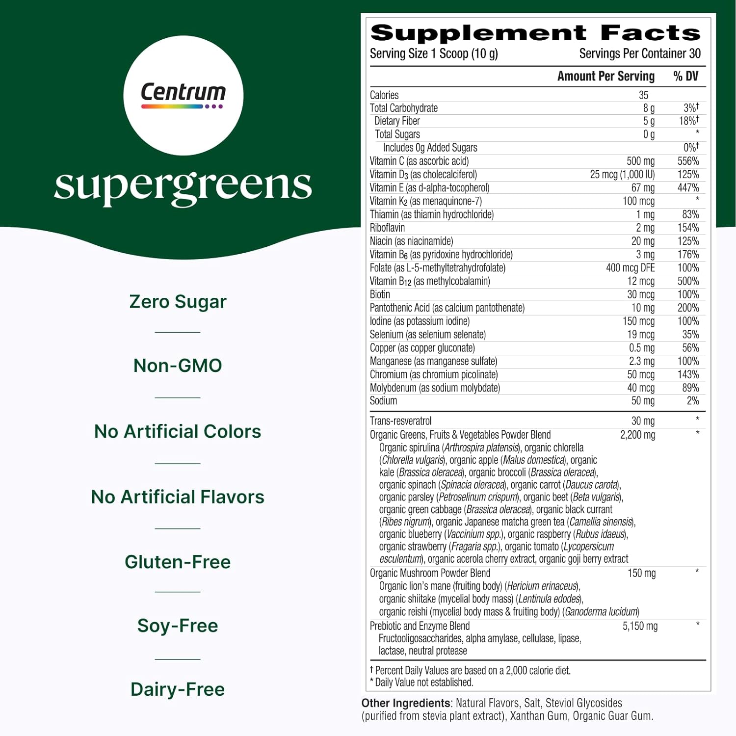 Centrum Supergreens - Superfood Powder & Multivitamin for Adults – Greens Powder with Spirulina, Mushroom, Prebiotics & Enzyme Blend – 30-Day Supply : Health & Household