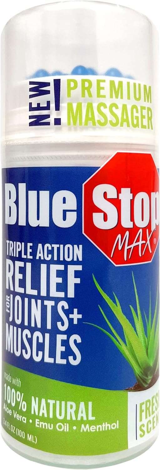 Blue Stop Max Applicator: Fast-Acting Massage Applicator for Sports Cream, Elbow Relief, Performance Roll On for Muscle & Joint Soreness - Convenient Relief for Active Individuals, 1 Pack of 3.4 Oz
