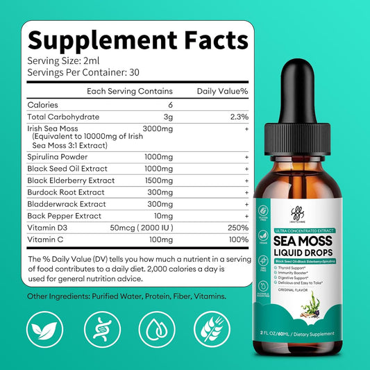 Sea Moss Liquid Drops For Immune System, Gut, Skin & Energy, Irish Sea Moss With Black Seed Oil, Spirulina, Black Elderberry, Burdock Root, Bladderwrack, Original Flavor, 2 Fl Oz