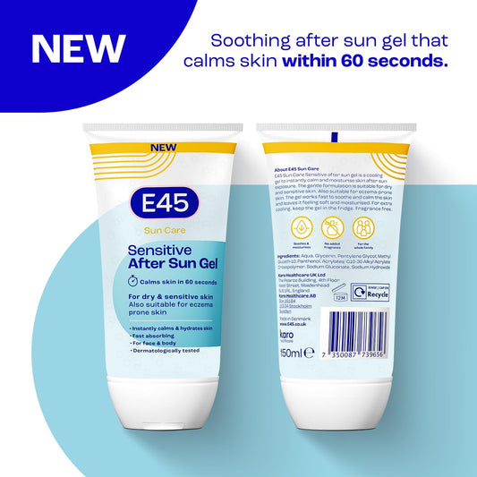 E45 Cooling Sensitive After Sun Gel For Face And Body - Dermatologically Tested & Fragrance-Free - Soothing Non-Sticky Formula - Suitable For Dry, Sensitive And Eczema Prone Skin (150Ml)