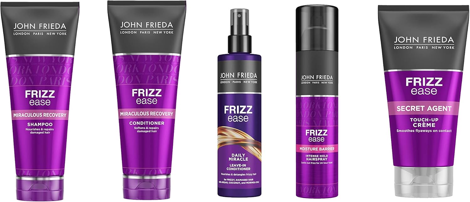 John Frieda Miraculous Recovery Sleek Bangs & Buns Bundle Smoothing & Nourishing Shampoo, Conditioner, Leave In Conditioner, Hairspray & Touch Up Crème For Medium To Thick Hair Tames Frizz & Flyaways