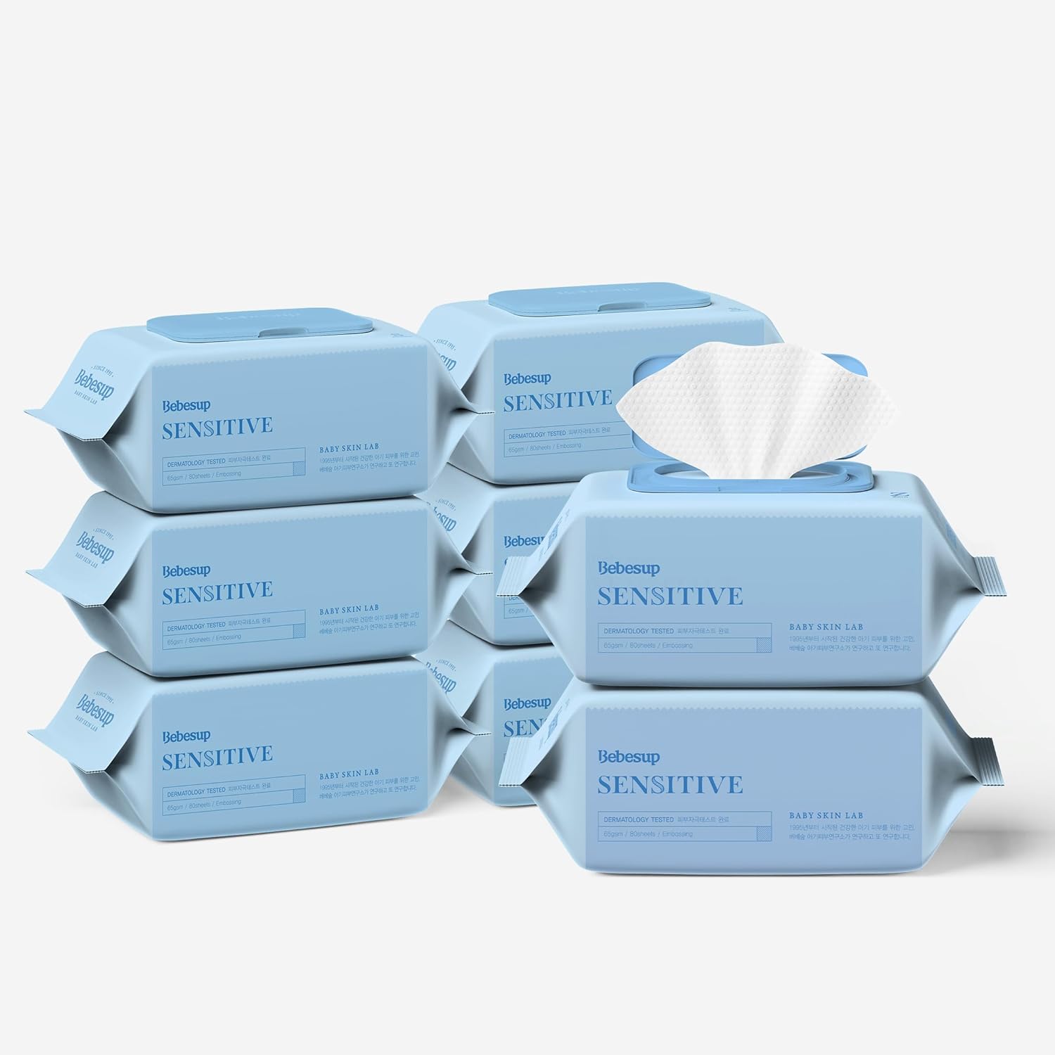 Korea’S #1 Sensitive Baby Wipes -Hypoallergenic Water-Based Unscented Alcohol-Free Extra-Thick 55 Gsm Superfood Extracts Plant- Based Non-Irritating Flip-Top 640 Count (8 Packs)
