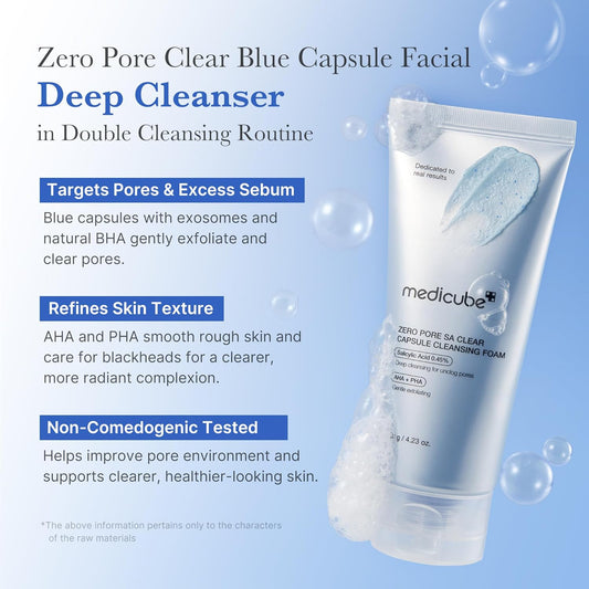 Medicube Zero Pore Clear Blue Capsule Facial Deep Cleanser For Skin Texture, Blackhead & Pore Care | Aha, Bha & Pha For Double Cleansing, Daily Gentle Face Wash, Korean Skincare | 120G / 4.23 Oz