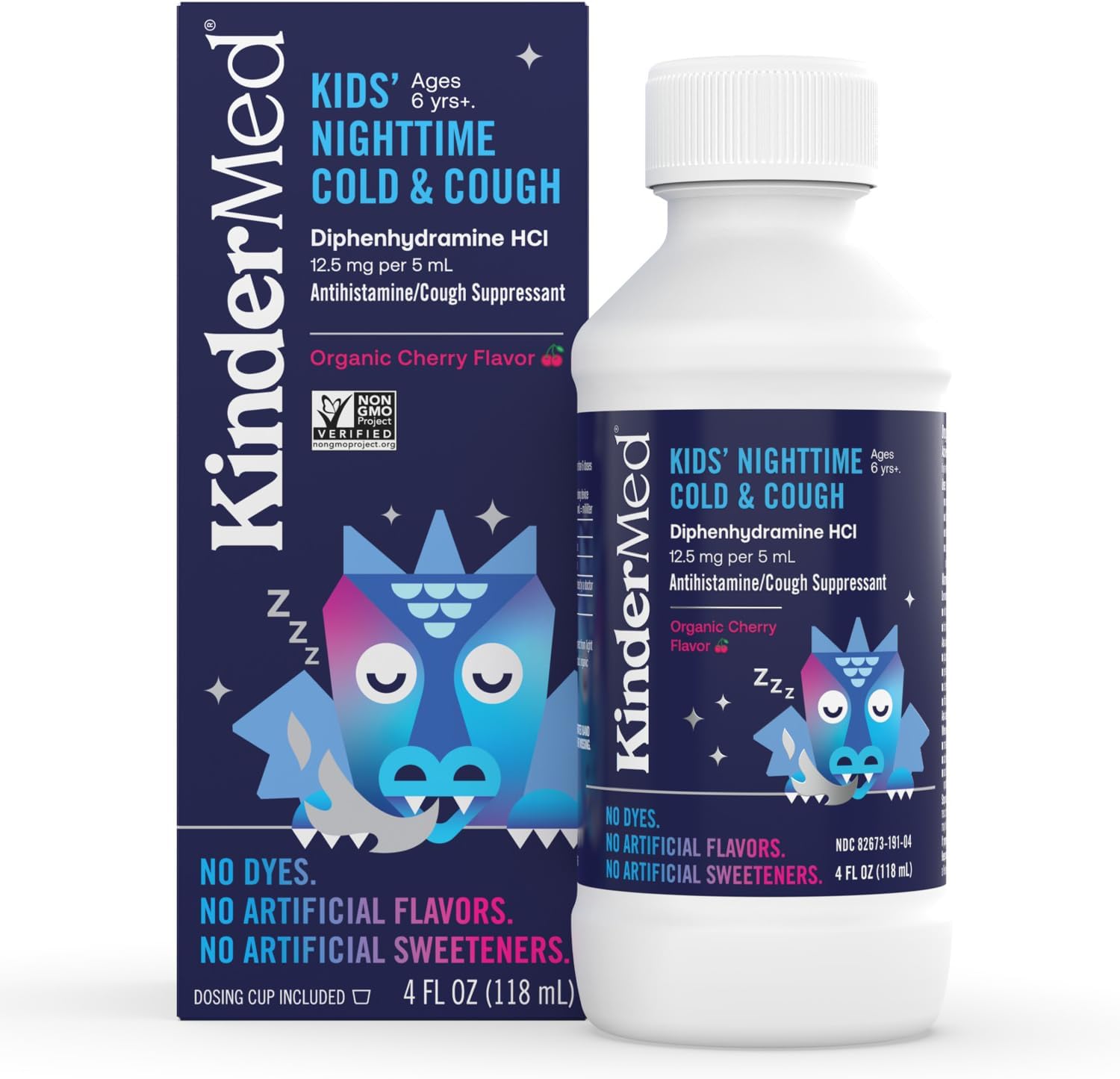 Kindermed Kids' Nighttime Cold & Cough Medicine, For Ages 6 Years+, No Dyes, No Artificial Flavors, No Artificial Sweeteners, Vegan, Non-Gmo, Gluten Free, Organic Cherry Flavor (4 Fl Oz)